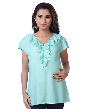 Kriti Short Sleeves Maternity Nursing Top Ruffle Detailing - Sea Green