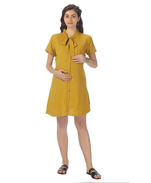 Kriti Half Sleeves Solid Maternity Dress - Mustard Yellow