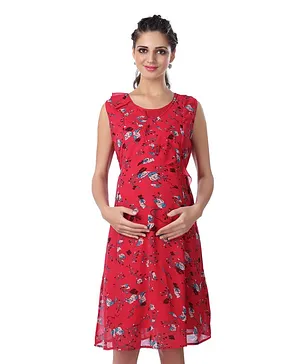 Kriti Sleeveless Floral Printed Maternity Dress - Red