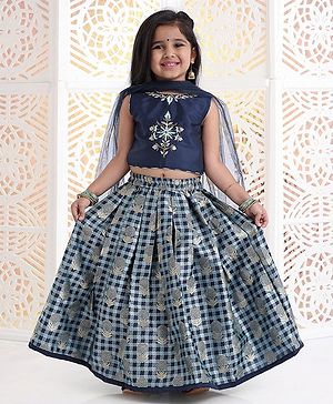 Babyhug Sleeveless Choli And Check Lehenga With Dupatta Studded Detailing - Navy Blue