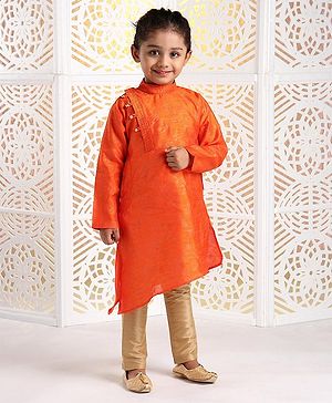 Babyhug Full Sleeves Asymmetric Kurta And Pyjama Set - Orange
