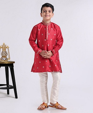 Babyhug Full Sleeves Kurta And Pyjama Set Floral Embroidery - Maroon White - 4-5Y White