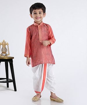 Babyhug Full Sleeves Embroidered Dhoti Kurta Set - Coral