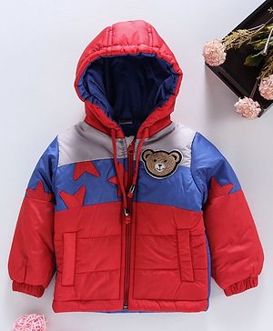 Babyhug Full Sleeves Hooded Jacket Bear Patch - Red Blue - 9-12 M Red