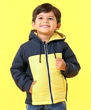Babyhug Full Sleeves Hooded Winter Jacket - Navy Blue Yellow