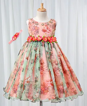 Li&Li BOUTIQUE Flower Printed Sleeveless Dress - Peach & Green