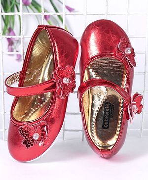 Cute Walk by Babyhug Party Wear Belly Shoes Butterfly Motifs - Red