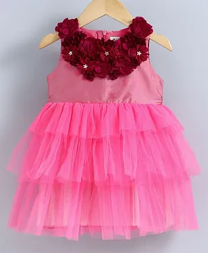 A Little Fable Flower Applique Sleeveless Ruffle Dress - Pink