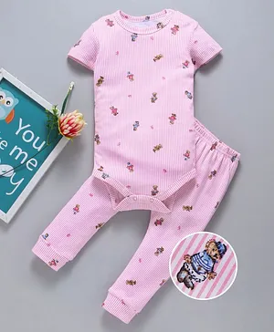 Yiyi Garden Striped Half Sleeves Onesie With Diaper Leggings Teddy Print - Pink