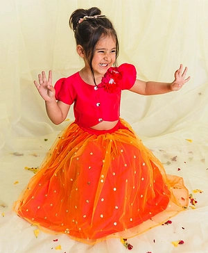 Saka Designs Solid Dyed Lehenga Choli Set - Orange & Pink