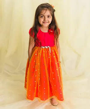 Saka Designs Puff Sleeves Ethnic Dress Bead & Studded Detailing - Fuchsia Orange