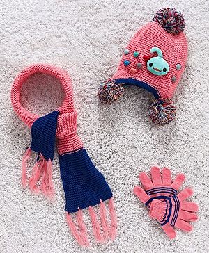 Babyhug Woolen Cap Gloves & Muffler Set Heart Motif - Peach Blue
