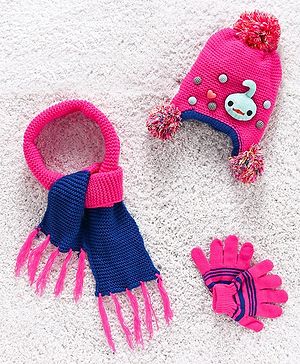 Babyhug Woolen Cap Gloves & Muffler Set Heart Motif - Fuchsia Blue