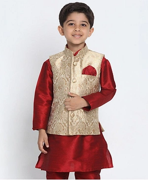 Vastramay Damask Print Sleeveless Jacket - Gold & Maroon