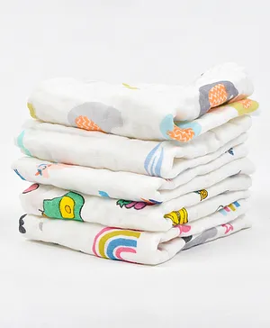 Mom's Home Muslin Wash Cloth Towels Cum Wipes Multi Print Pack of 5 - White