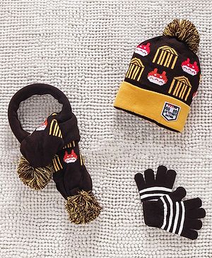 Babyhug Woollen Cap Gloves & Muffler Set Pom Pom Design - Dark Brown