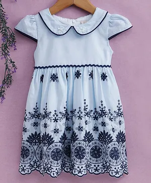 Smile Rabbit Cap Sleeves Embroidered Frock - Light Blue