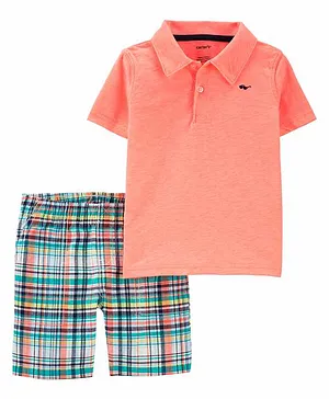 Carter's Half Sleeves Solid Polo Neck Tee & Checks Shorts - Coral Green