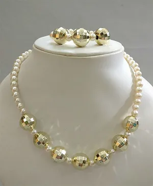 Tiny Closet Chunky Gold Disco Beads & Pearl Necklace With Bracelet - White