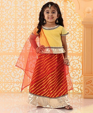 Babyhug Short Sleeves Choli And Lehenga With Dupatta Bead Detailing - Yellow Red