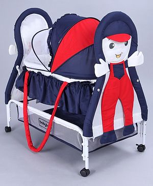 Babyhug Boy Print Cradle with Mosquito Net and Swing Lock Function-Blue Red| Storage Basket| Wheels with Lock| Easy Assembly| Balanced Swing