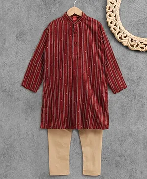 Ethnik's Neuron Full Sleeves Cotton Stripe Print Kurta Pyjama Set - Maroon