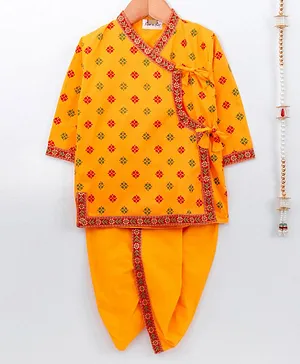 Bownbee Janmashtami Theme Full Sleeves Motif Design Kurta With Dhoti - Yellow