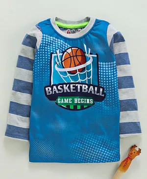 Game Begins Full Sleeves Striped T-Shirt Basketball Print - Teal Blue