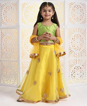 Saka Designs Sleeveless Choli & Lehenga Sequin & Beads Embellishments - Green Yellow