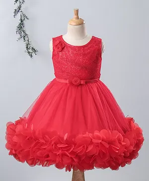 Bluebell Party Wear Sleeveless Frock Floral Motifs - Red