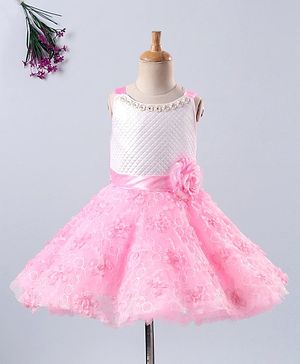 Babyhug Sleeveless Embroidered Party Frock With Neckline Floral Embellishment - White Pink