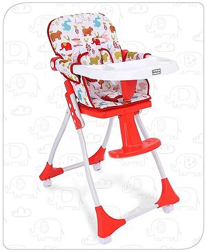 Babyhug Bloom High Chair with Footrest Animal Print - Red| Compact Fold| Safety Harness| Removable Cushion| Adjustable Feeding Tray| Wheels with Lock
