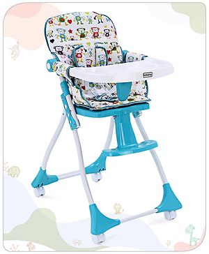 Babyhug Bloom High Chair with Foot Rest - Blue| Compact Fold| Safety Harness| Removable Cushion| Adjustable Feeding Tray| Wheels with Lock - 66 x 50 x 90 cm Blue