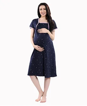 Piu Short Sleeves Heart Print Maternity Night Gown - Dark Blue