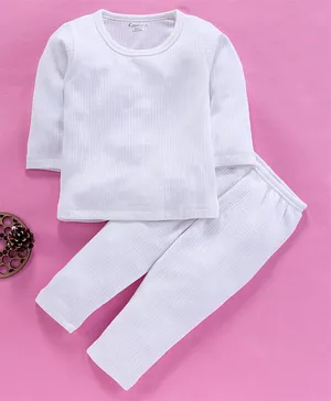 Kanvin Full Sleeves Solid Color Thermal Vest & Bottom Set - White