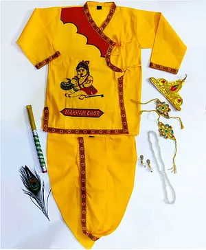 Sakhyam Makhan Chor Embroidery Full sleeves Kurta & Dhoti with Jewellery Set 22 Inch - Yellow