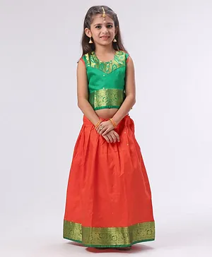 Bhartiya Paridhan Jacquard Design Lehenga Choli Set With Silk Border - Orange Green