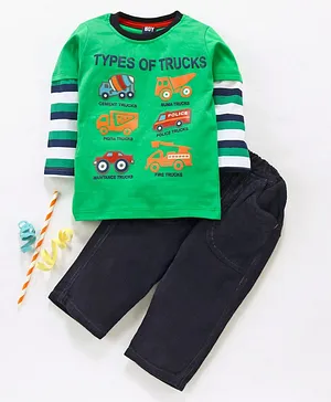 Birthday BOY Full Sleeves Tee & Bottoms Set Truck Patch - Green