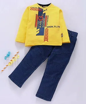 Birthday BOY Full Sleeves Tee & Jeans Set Text Print - Yellow Blue