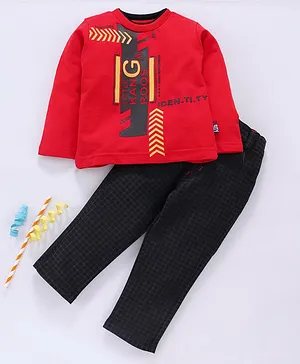Birthday BOY Full Sleeves Tee & Jeans Set Text Print - Red Black
