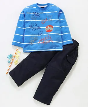 Birthday BOY Full Sleeves Striped T-Shirt & Solid Pant Bicycle Print - Blue