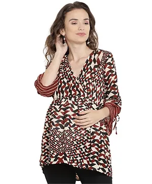Mine4Nine Abstract Print Full Sleeves Maternity Top - Brown
