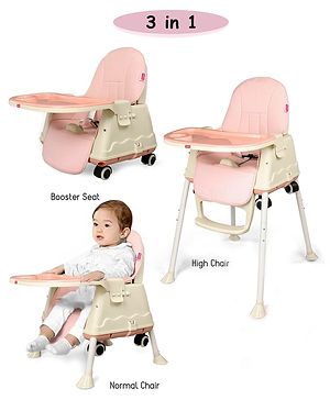 Babyhug 3 in 1 Comfy High Chair - Pink| High Chair, Feeding Chair & Booster Chair| Adjustable Double Food Tray| Removable PU Leather Seat| Safety Harness| Removable Footrest