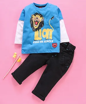 Birthday BOY Full Sleeves Tee & Jeans Set Lion Print - Blue