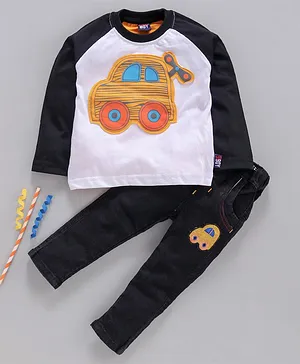 Birthday BOY Full Sleeves T- Shirt & Lounge Pant Set Car Patch - White Black