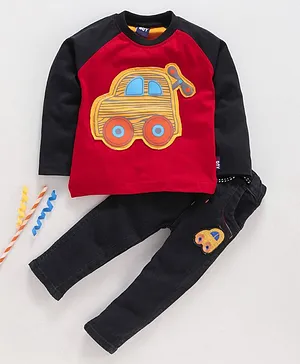 Birthday BOY Full Sleeves T- Shirt & Lounge Pant Set Car Patch - Red Black
