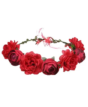 Syga Rose Floral Crown Tiara With Adjustable Ribbon - Red