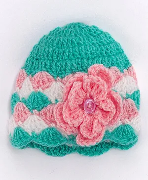 Knits & Knots crochet Flower Decorated Crochet Cap - Green