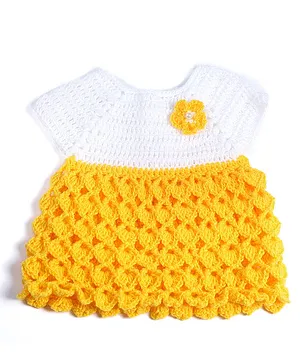 Knits & Knots crochet Flower Decorated Crochet Half Sleeves Dress - Yellow & White