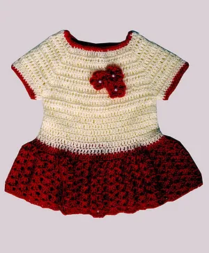 Knits & Knots crochet Flower Decorated Crochet Half Sleeves Dress - Cream & Red